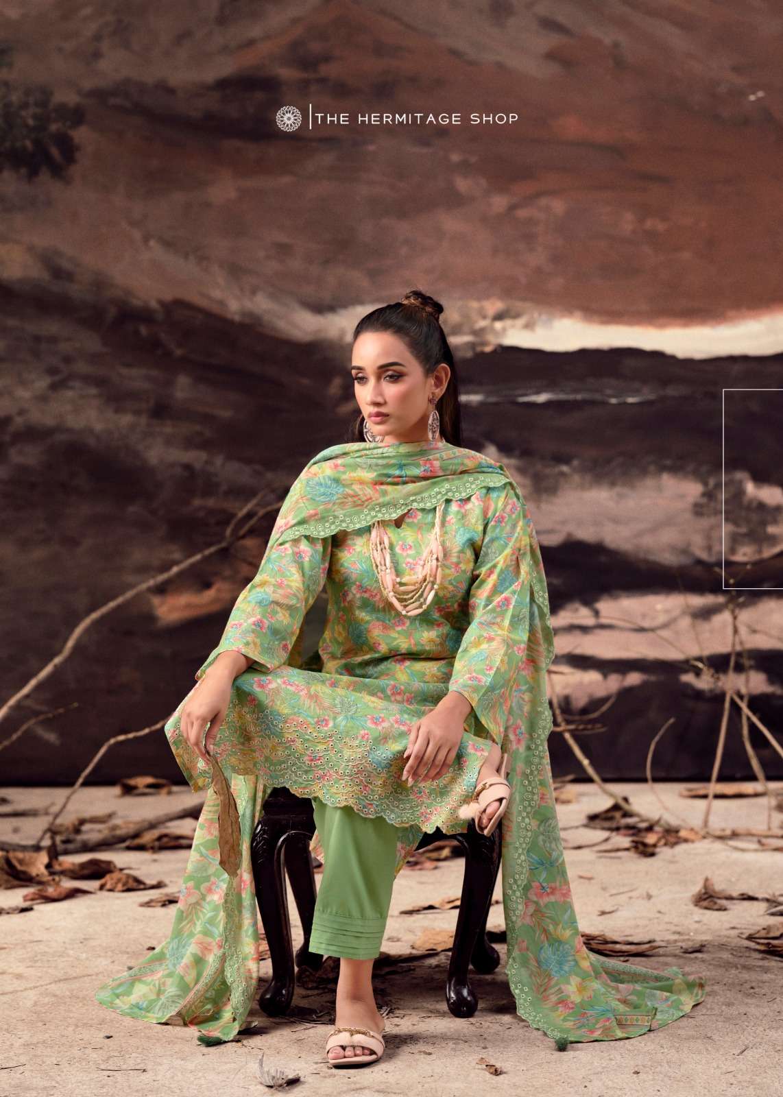 THE HERMITAGE SHOP PETALS IN MAL LAWN COTTON SCHIFFLI WORK SUIT LUXURY WEAR AND FESTIVE FASHION 